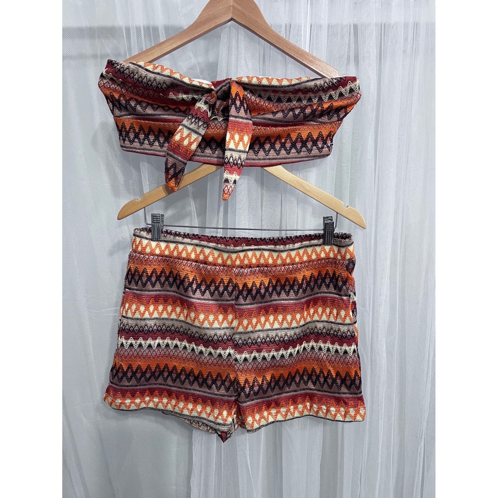 Womens XL Orange Chevron Knit 2 Piece Set Strapless Tie Front Top and Shorts